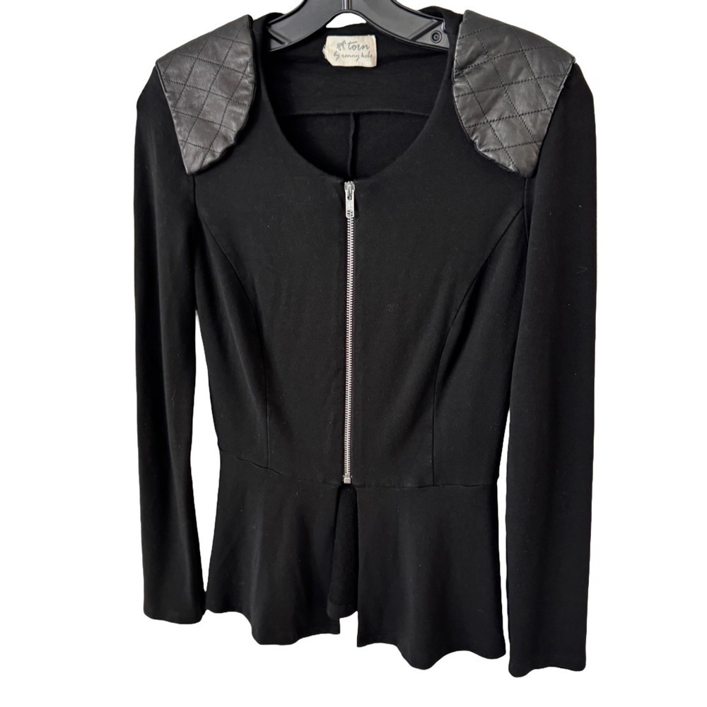 Torn By Ronny Kobo Zip Up  Jacket Blazer Black W/leather Accents Sz S
